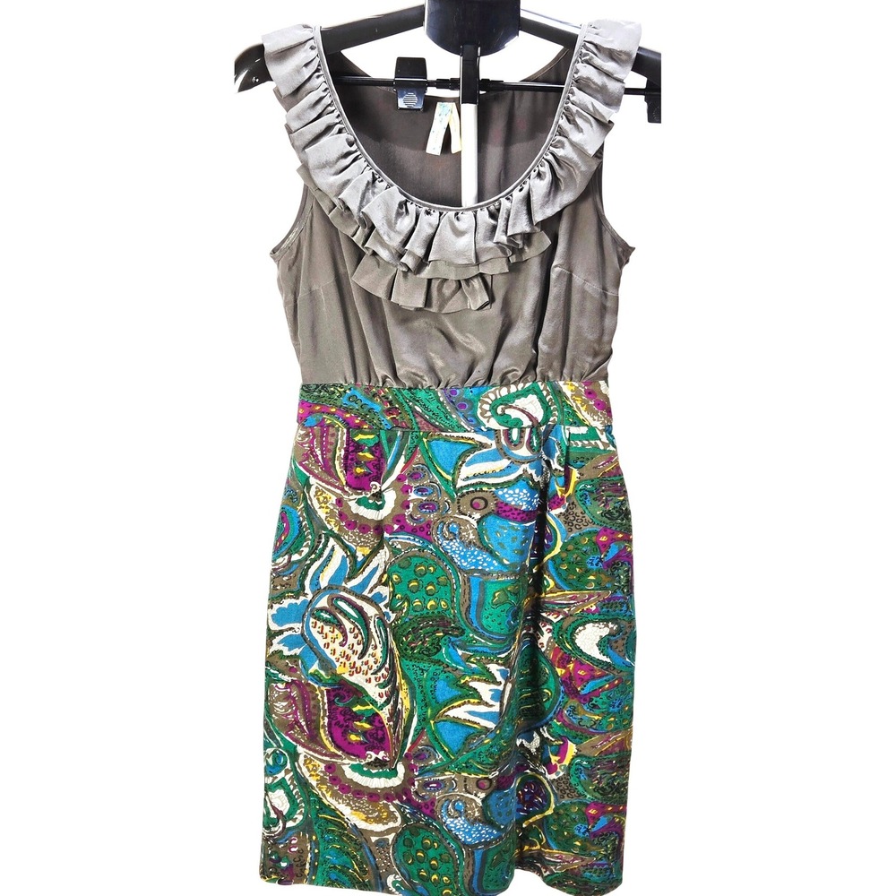 Women's Maeve Y2K Size 0 Silk Cotton Paisley Ruffle Neck Mini Dress Boho Resort